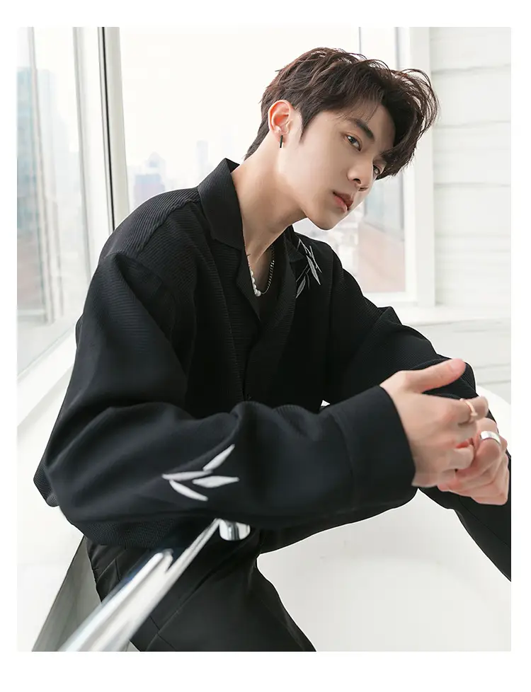Men's Black Bamboo Embroidered Long-Sleeve Shirt — feature 16
