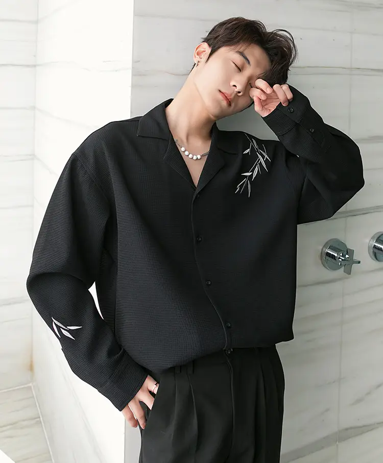 Men's Black Bamboo Embroidered Long-Sleeve Shirt — feature 17