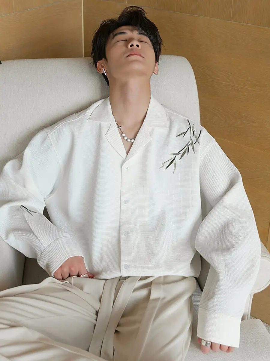 Men's Black Bamboo Embroidered Long-Sleeve Shirt