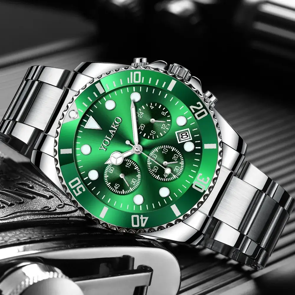 Men's Green Chronograph Steel Band Watch - Image 4
