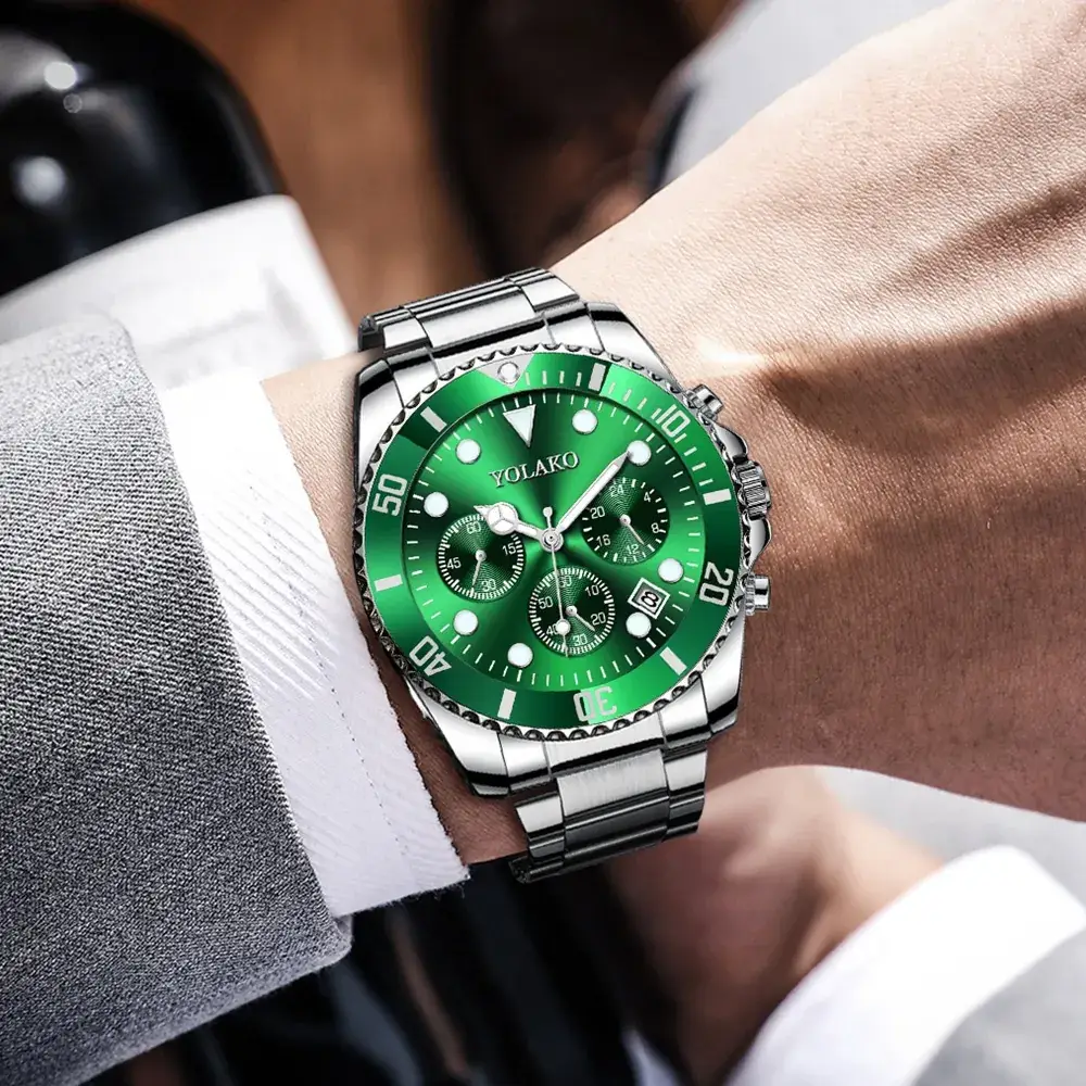Men's Green Chronograph Steel Band Watch - Image 8