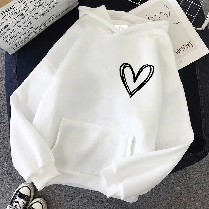 White Heart Print Hooded Sweatshirt for Men Women Loose Fit - Image 24