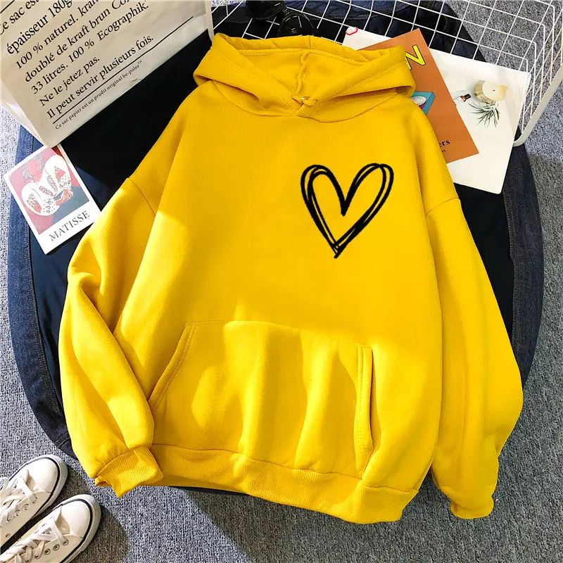 White Heart Print Hooded Sweatshirt for Men Women Loose Fit - Image 2