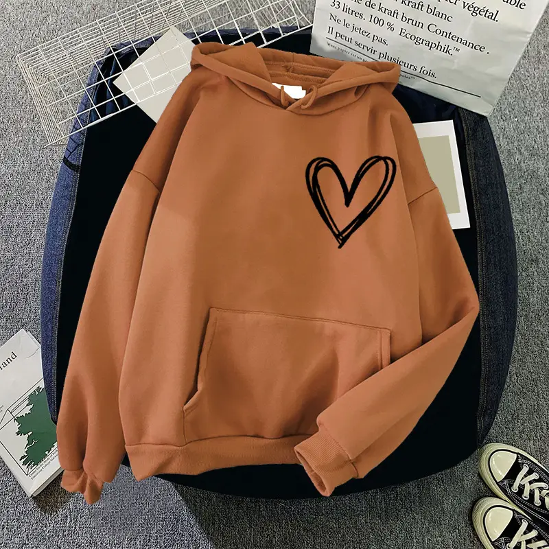 White Heart Print Hooded Sweatshirt for Men Women Loose Fit - Image 14