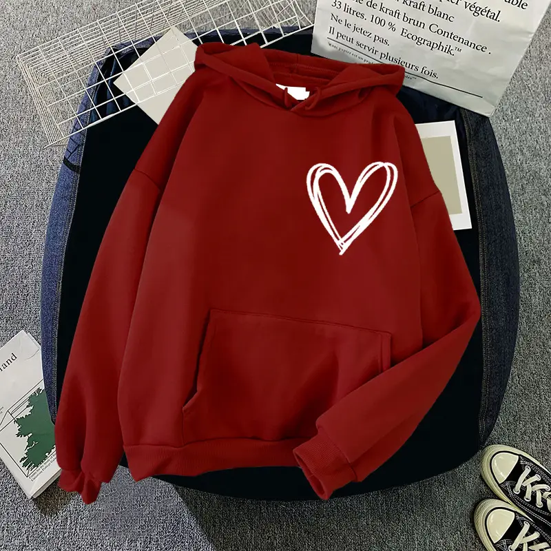 White Heart Print Hooded Sweatshirt for Men Women Loose Fit - Image 15