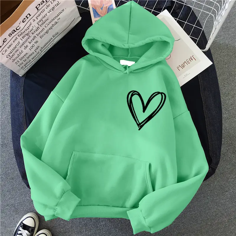 White Heart Print Hooded Sweatshirt for Men Women Loose Fit - Image 20