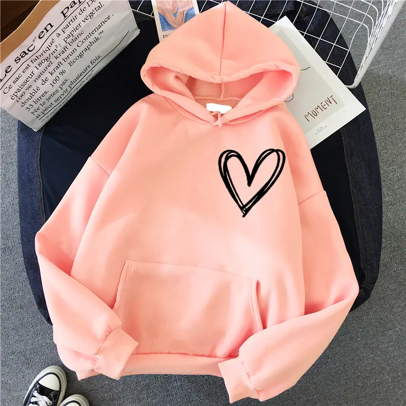White Heart Print Hooded Sweatshirt for Men Women Loose Fit - Image 21