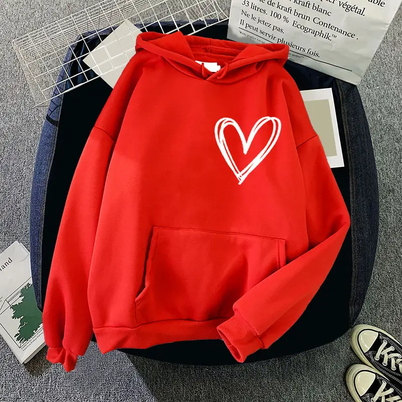 White Heart Print Hooded Sweatshirt for Men Women Loose Fit - Image 3