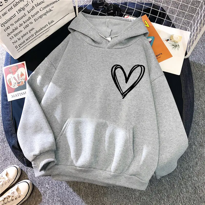 White Heart Print Hooded Sweatshirt for Men Women Loose Fit - Image 4