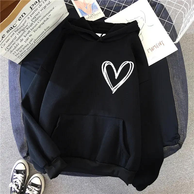 White Heart Print Hooded Sweatshirt for Men Women Loose Fit - Image 5