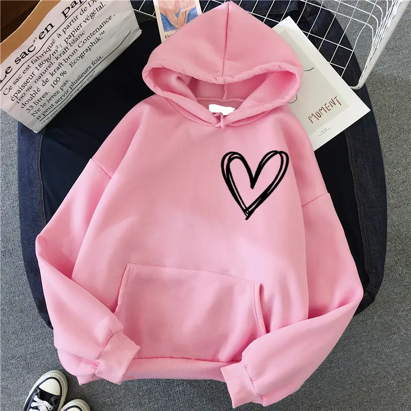 White Heart Print Hooded Sweatshirt for Men Women Loose Fit - Image 6