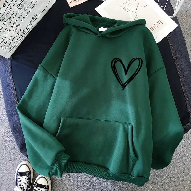 White Heart Print Hooded Sweatshirt for Men Women Loose Fit - Image 8
