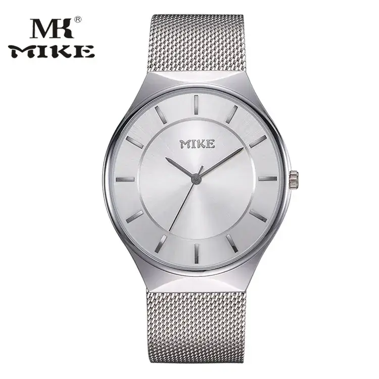 MK MIKE Men's Mesh Belt Watch Silver Ultra-Thin Quartz