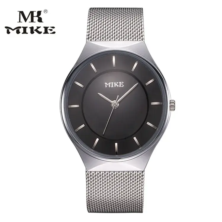 MK MIKE Men's Mesh Belt Watch Silver Ultra-Thin Quartz