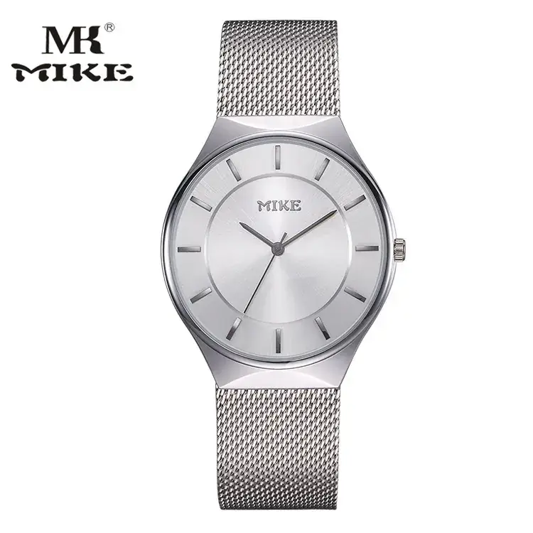 MK MIKE Men's Mesh Belt Watch Silver Ultra-Thin Quartz