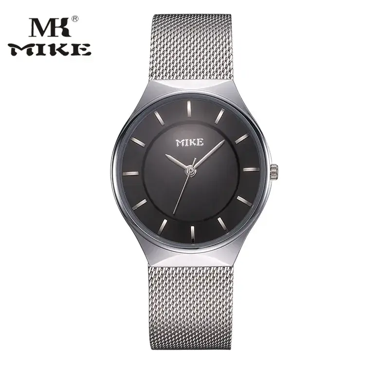 MK MIKE Men's Mesh Belt Watch Silver Ultra-Thin Quartz