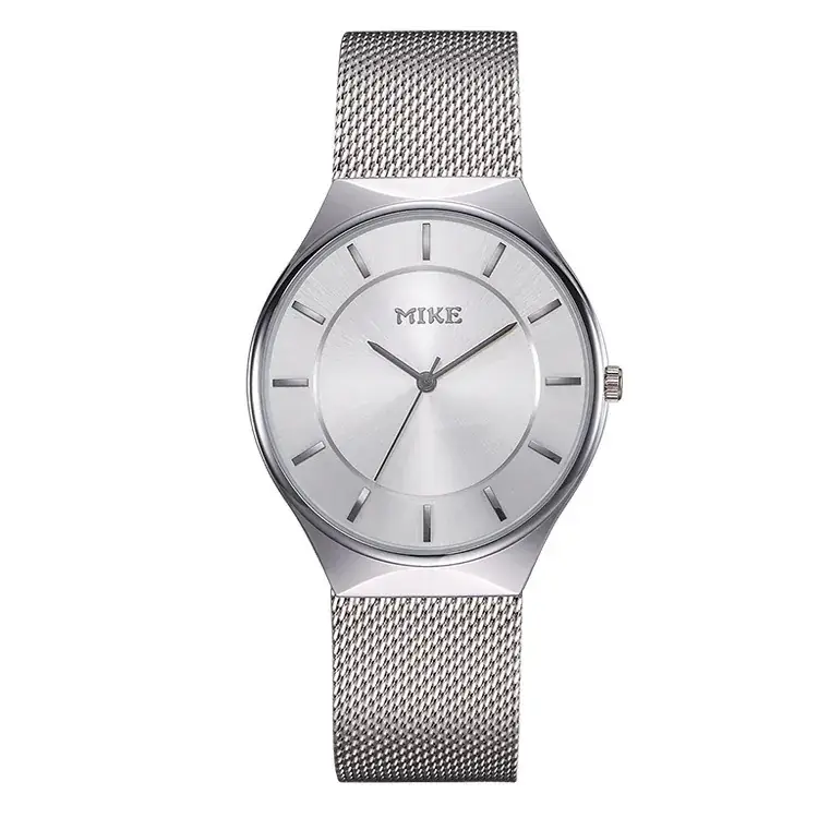 MK MIKE Men's Mesh Belt Watch Silver Ultra-Thin Quartz