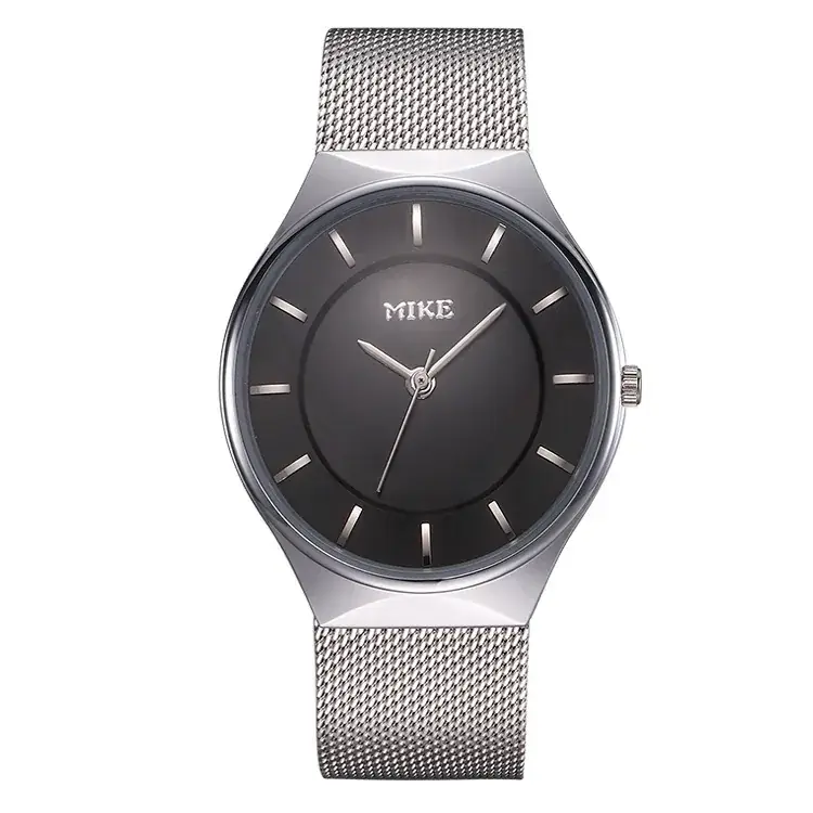 MK MIKE Men's Mesh Belt Watch Silver Ultra-Thin Quartz