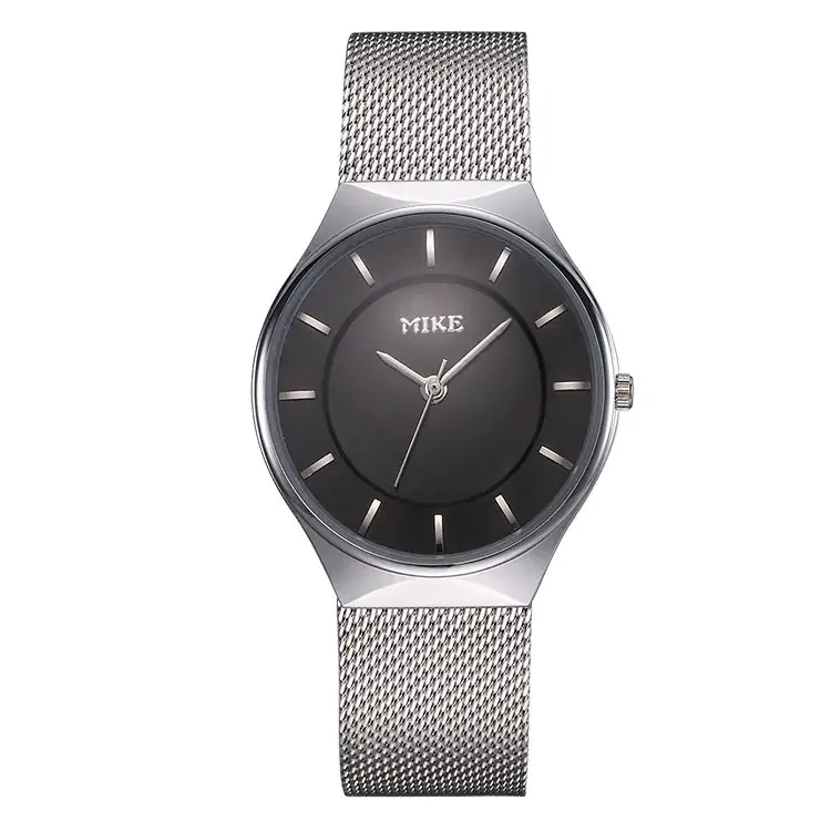 MK MIKE Men's Mesh Belt Watch Silver Ultra-Thin Quartz