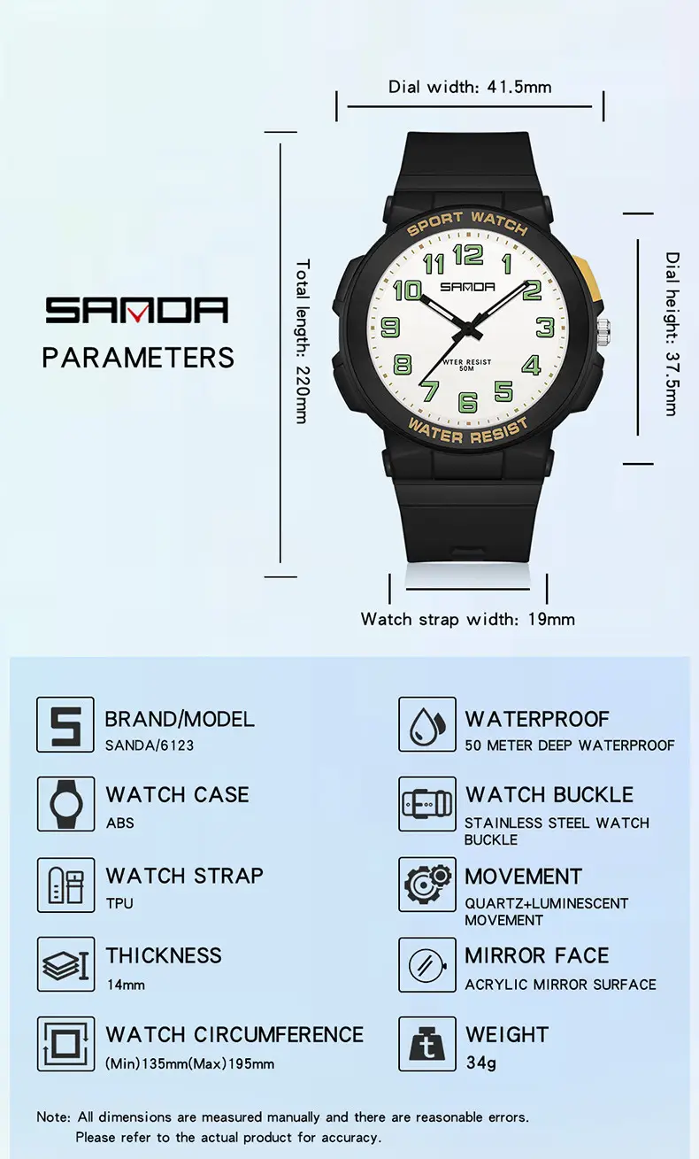 Sanda Youth Water Resistant Black Sport Watch — feature 27
