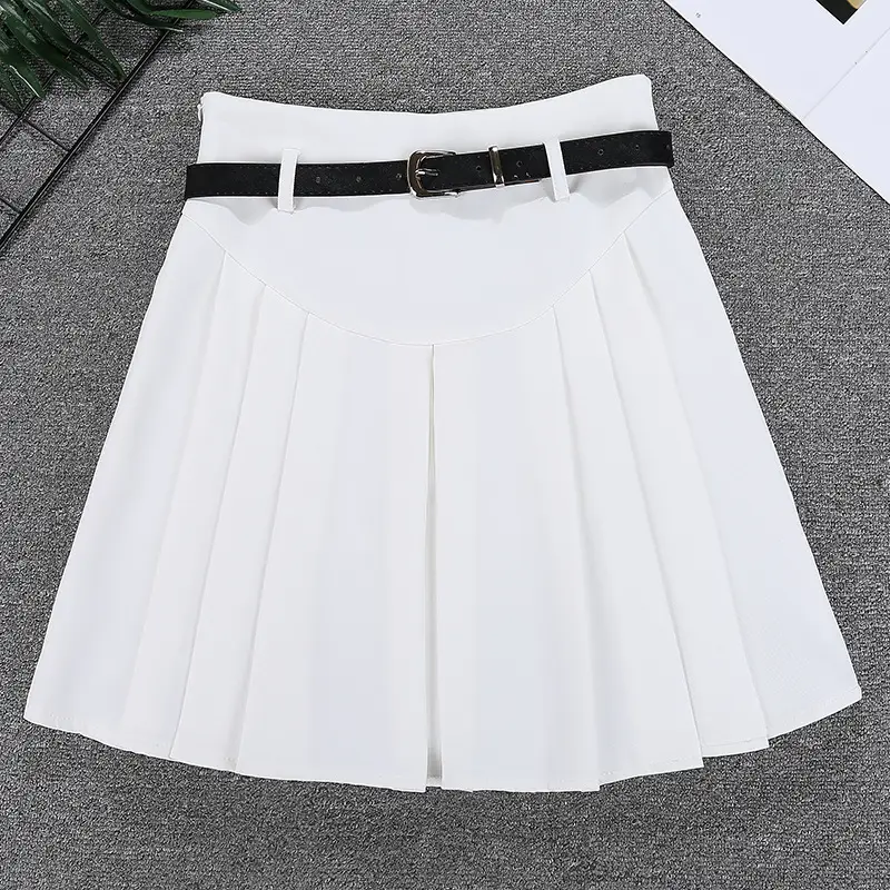 White Pleated Skirt with Belt for Women
