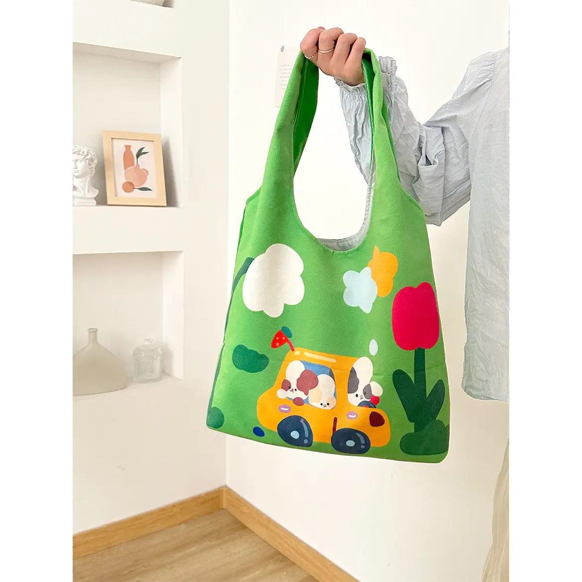 Cute Cartoon Print Green Shoulder Bag for Women