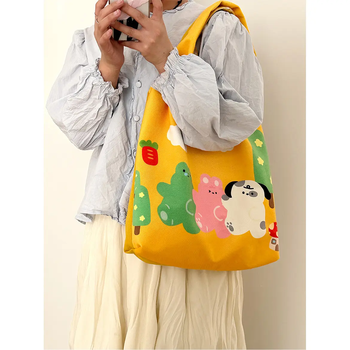 Cute Cartoon Print Green Shoulder Bag for Women