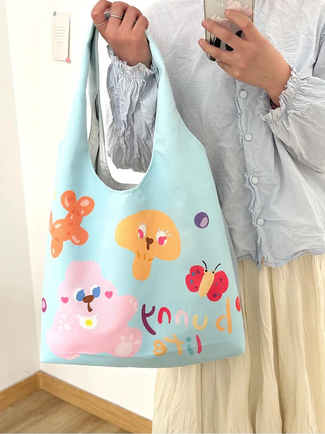 Cute Cartoon Print Green Shoulder Bag for Women