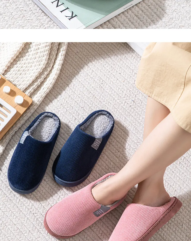 Cotton slippers women's autumn and winter non-slip warm fleece-lined thick bottom indoor home home couple confinement plush shoes men — feature 29