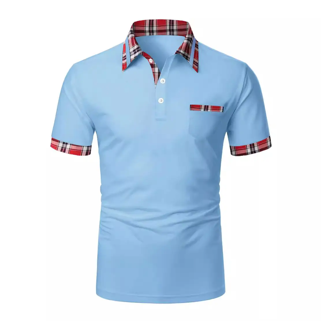 Men's Light Blue Polo Shirt Short Sleeve Plaid Trim - Image 10