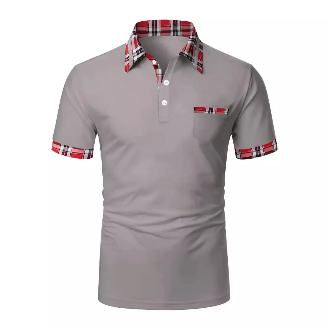 Men's Light Blue Polo Shirt Short Sleeve Plaid Trim - Image 11