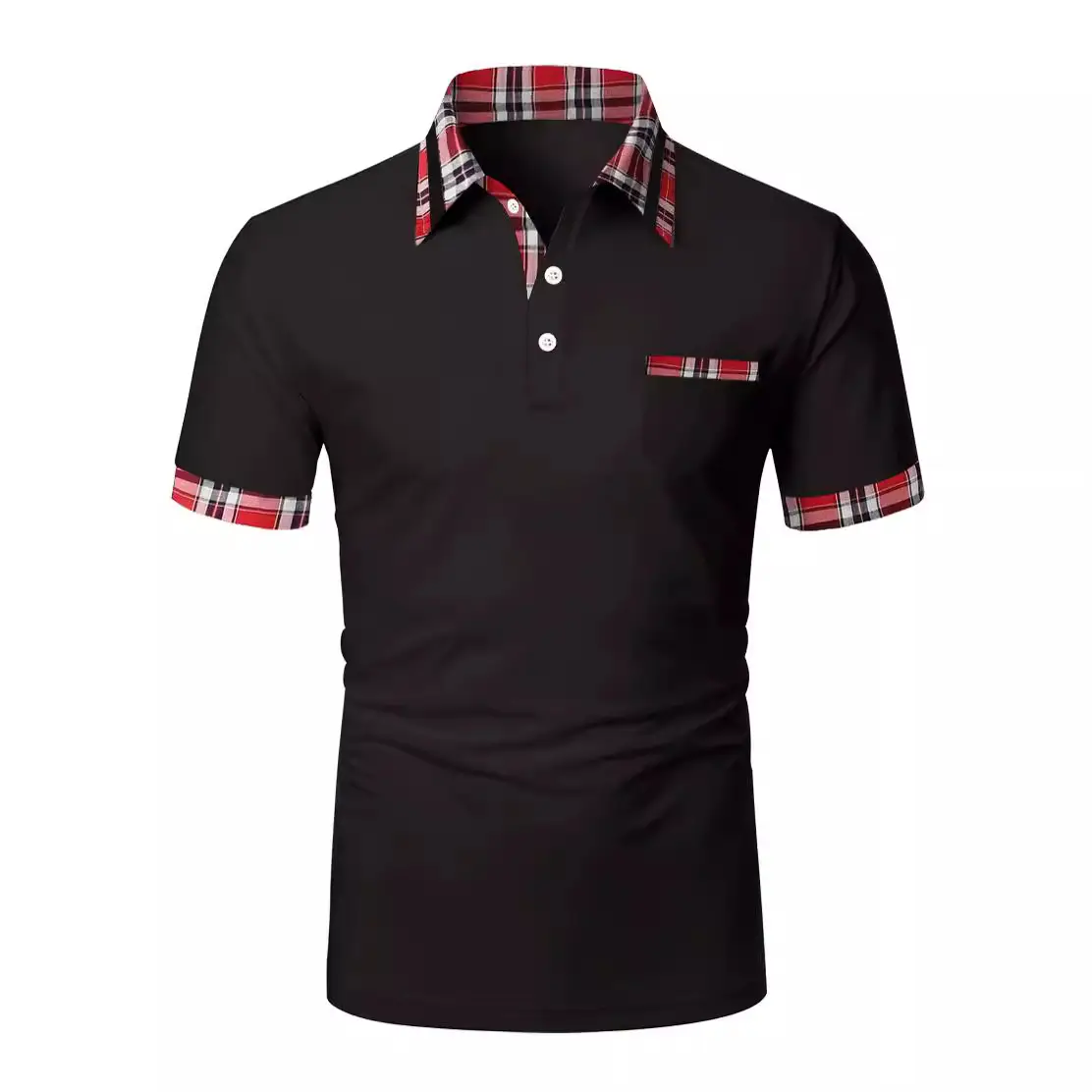 Men's Light Blue Polo Shirt Short Sleeve Plaid Trim - Image 12