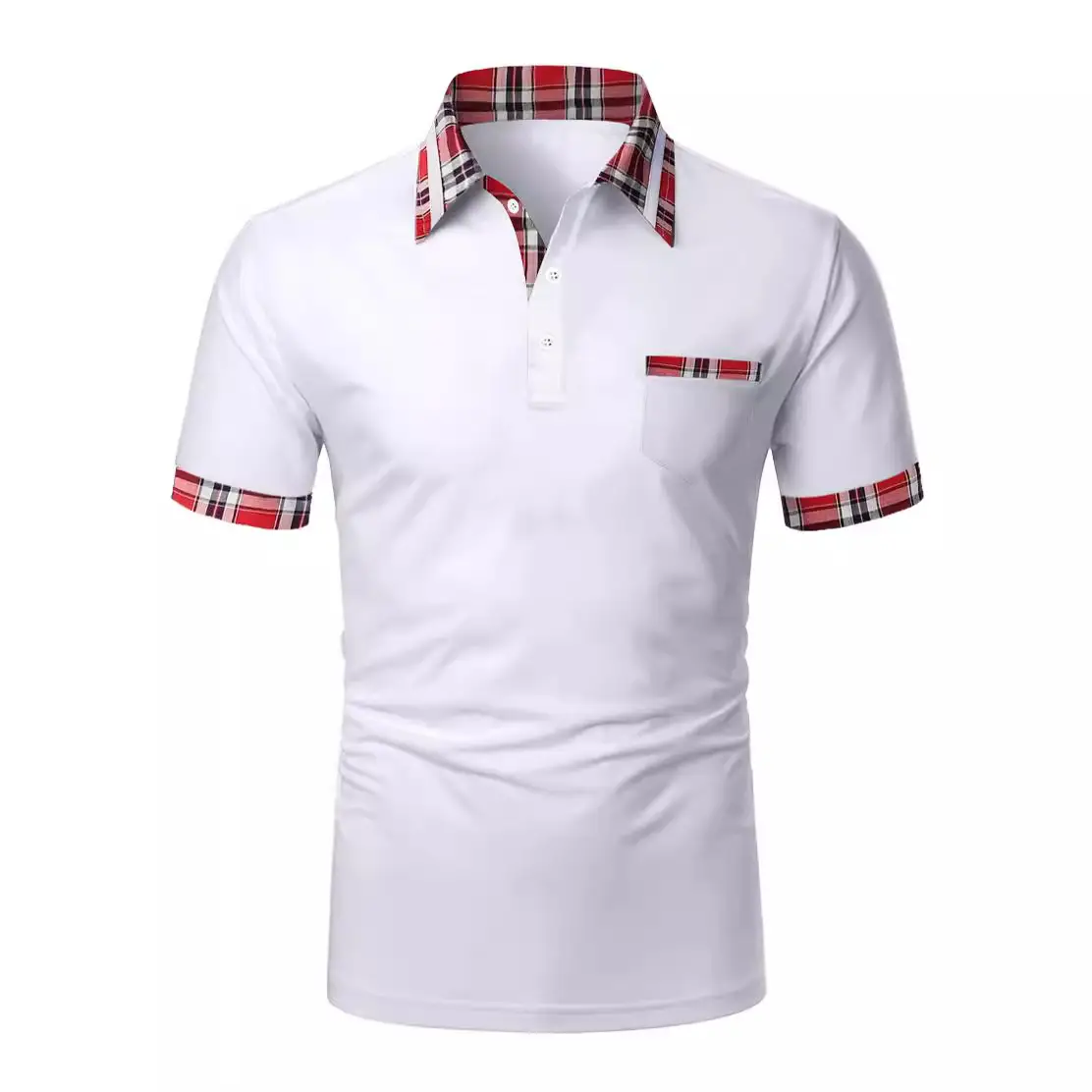 Men's Light Blue Polo Shirt Short Sleeve Plaid Trim - Image 13