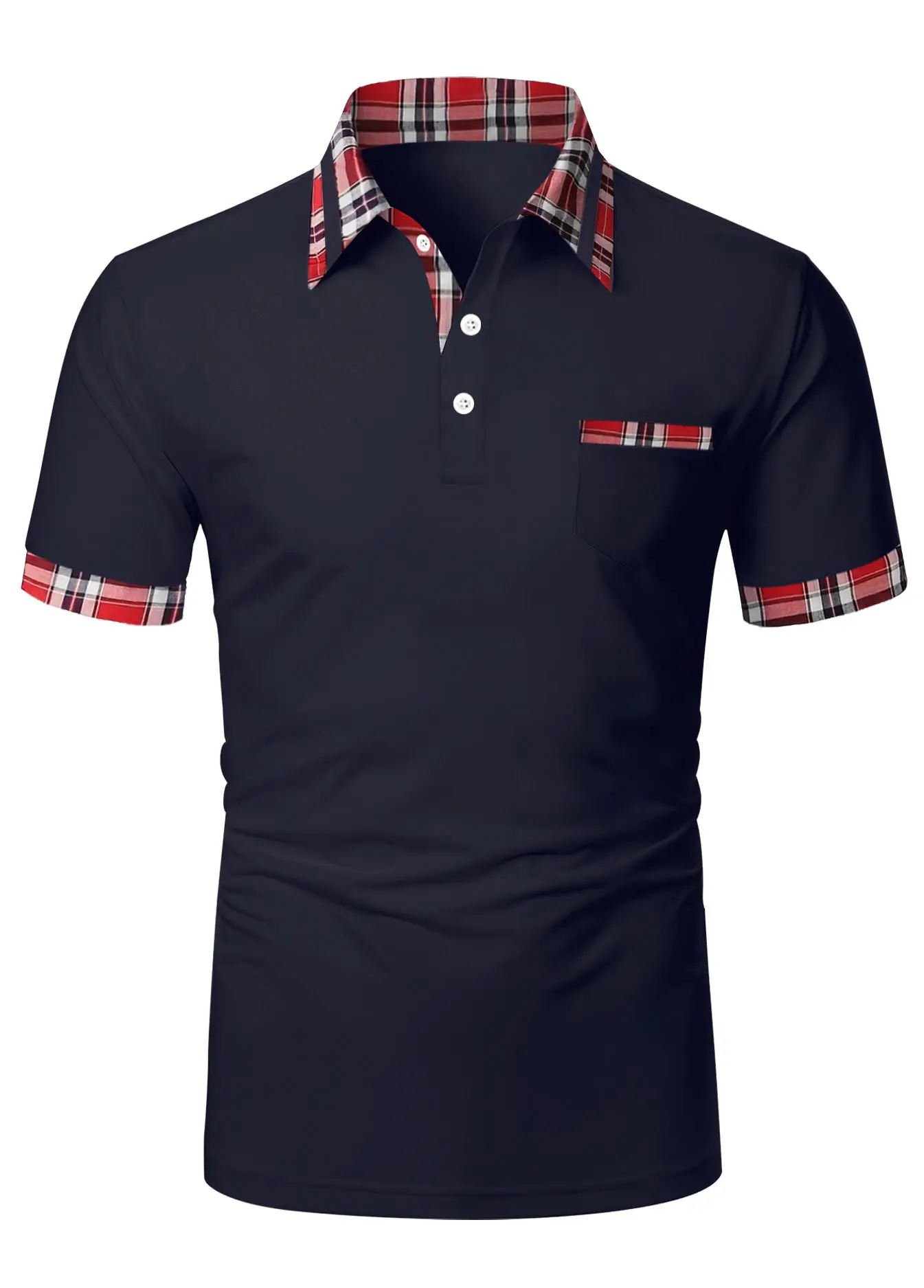 Men's Light Blue Polo Shirt Short Sleeve Plaid Trim — feature 2