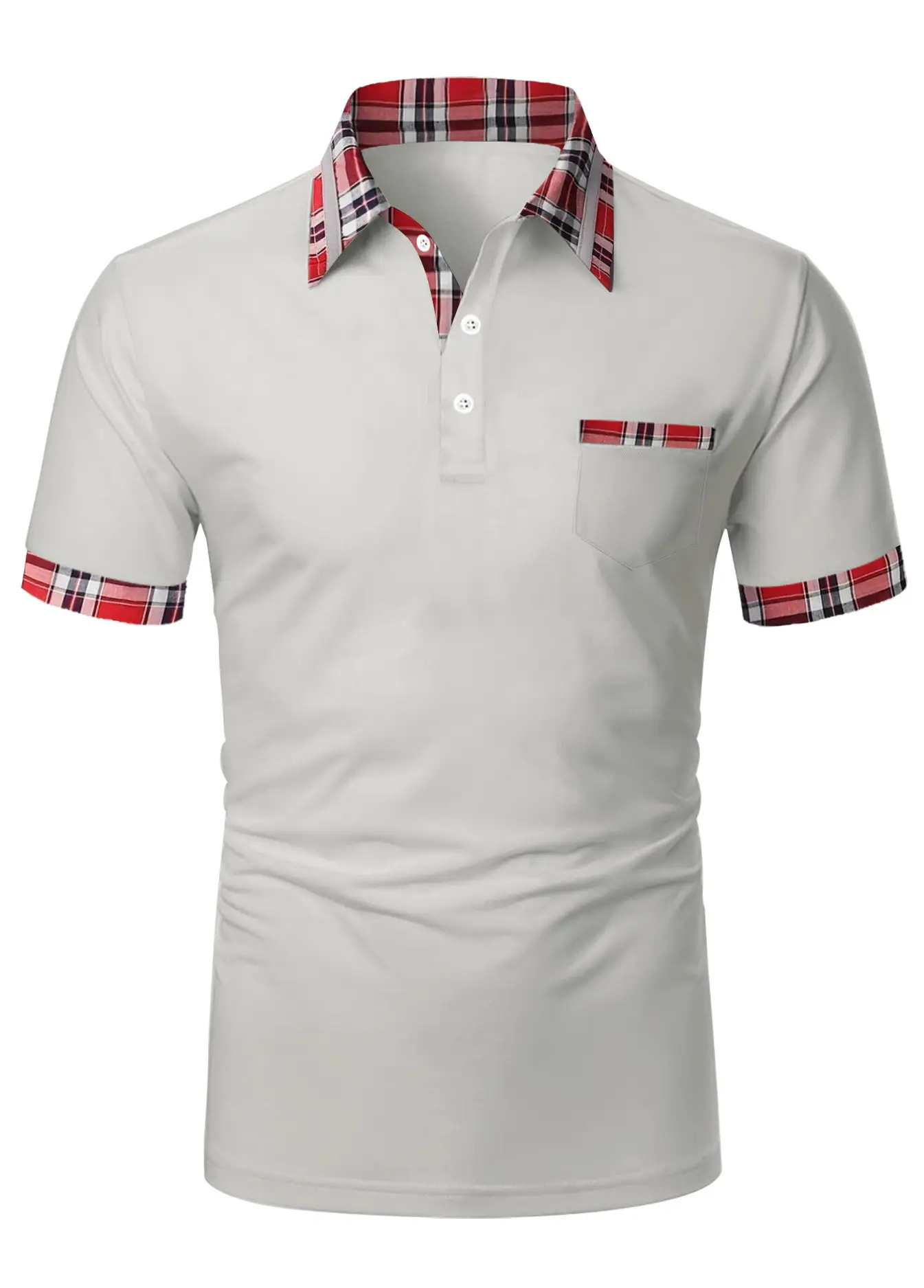 Men's Light Blue Polo Shirt Short Sleeve Plaid Trim — feature 6