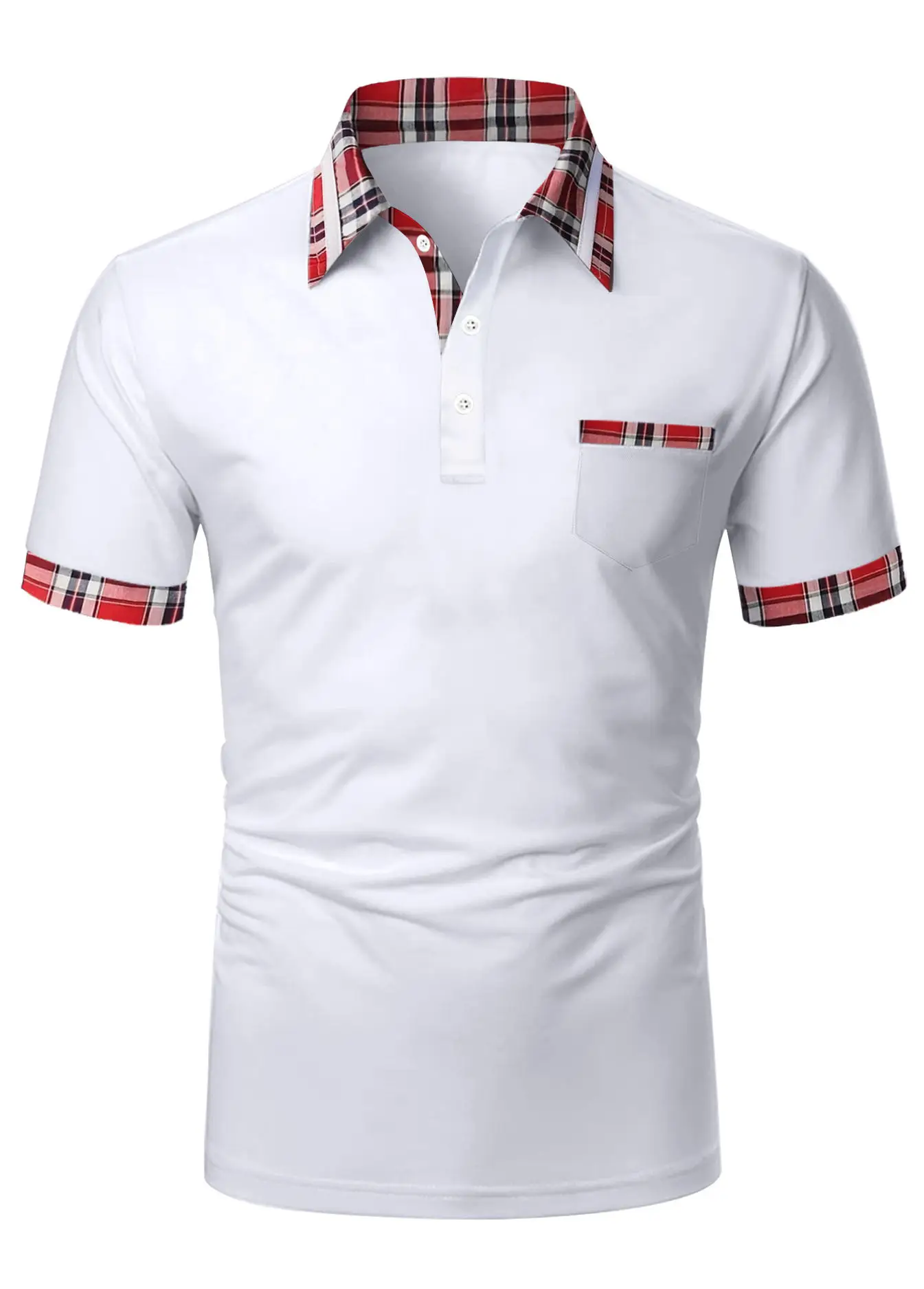Men's Light Blue Polo Shirt Short Sleeve Plaid Trim — feature 7