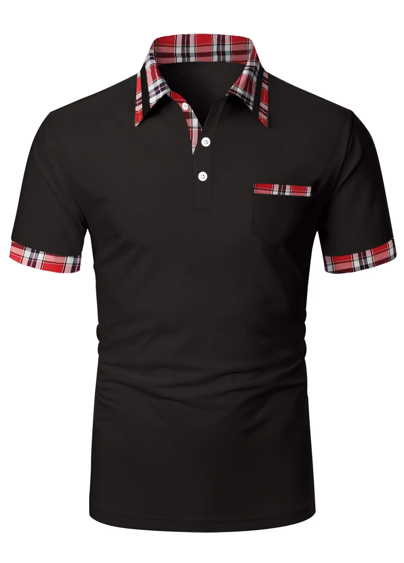 Men's Light Blue Polo Shirt Short Sleeve Plaid Trim - Image 3