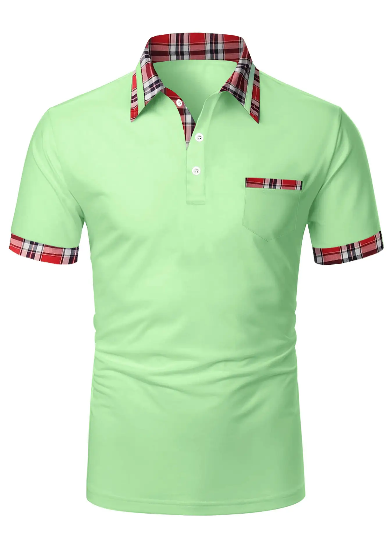 Men's Light Blue Polo Shirt Short Sleeve Plaid Trim - Image 4
