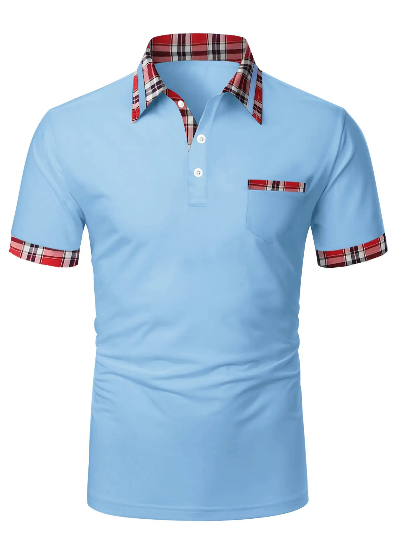 Men's Light Blue Polo Shirt Short Sleeve Plaid Trim - Image 5