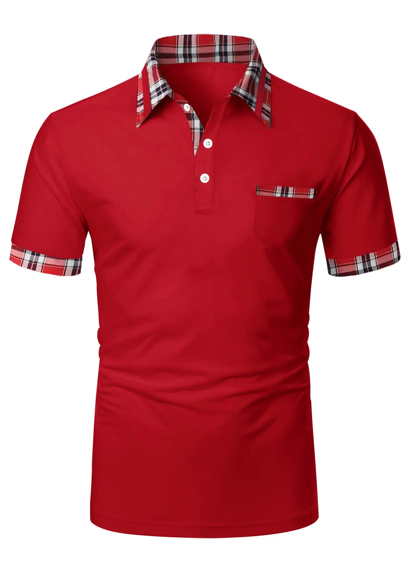 Men's Light Blue Polo Shirt Short Sleeve Plaid Trim - Image 6