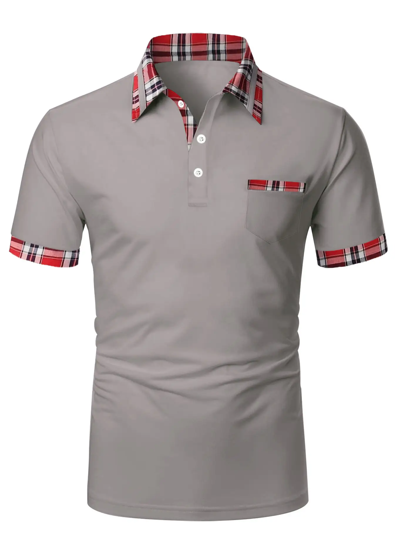 Men's Light Blue Polo Shirt Short Sleeve Plaid Trim - Image 7