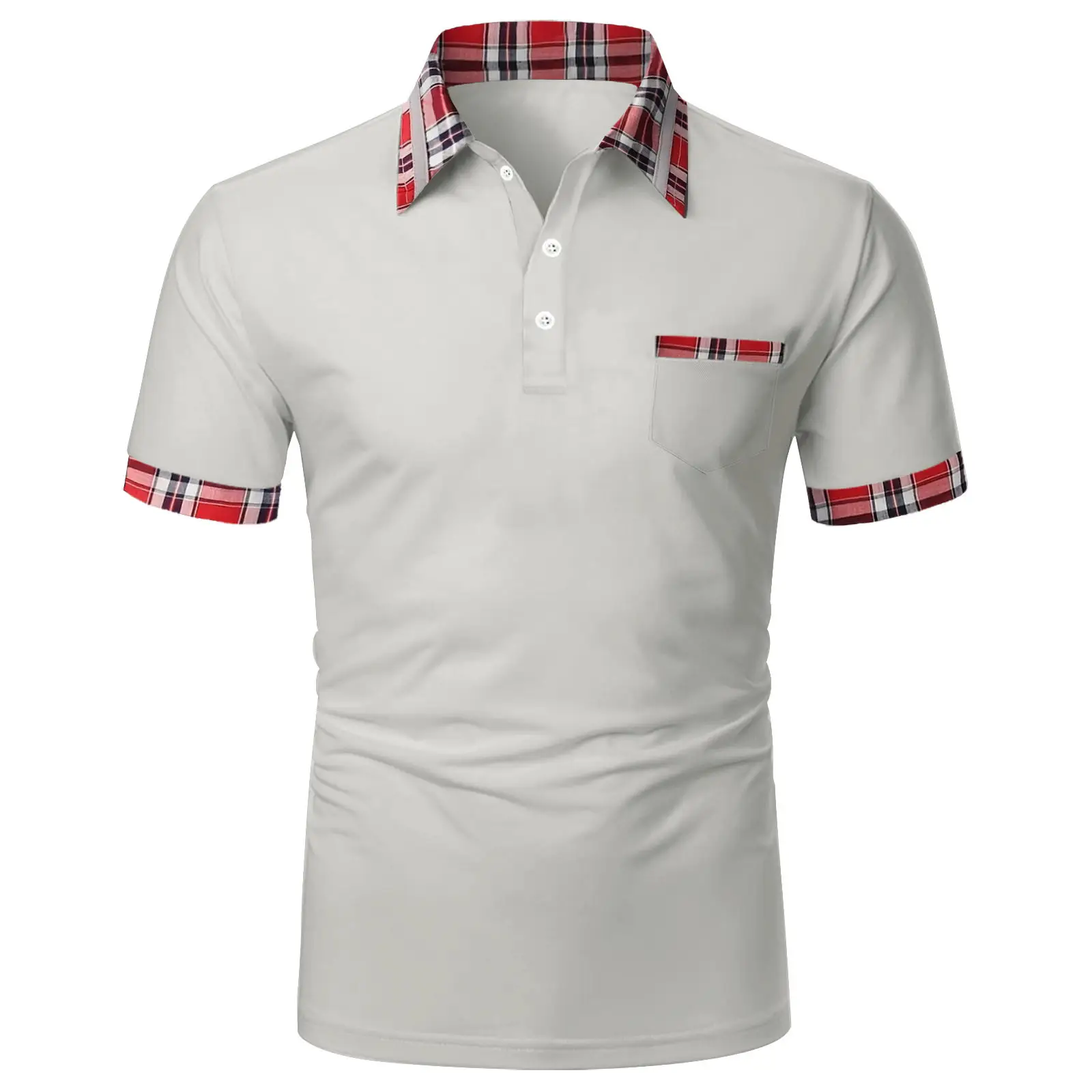 Men's Light Blue Polo Shirt Short Sleeve Plaid Trim - Image 8