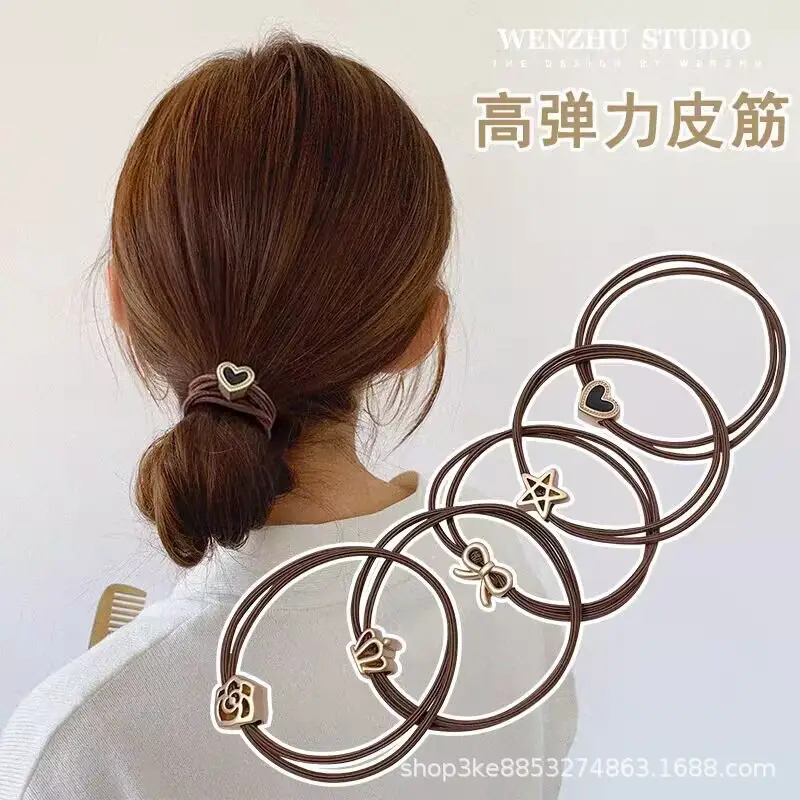Leather Band Hair Ties for Women Black Brown Gold Heart Bow Crown - Image 8