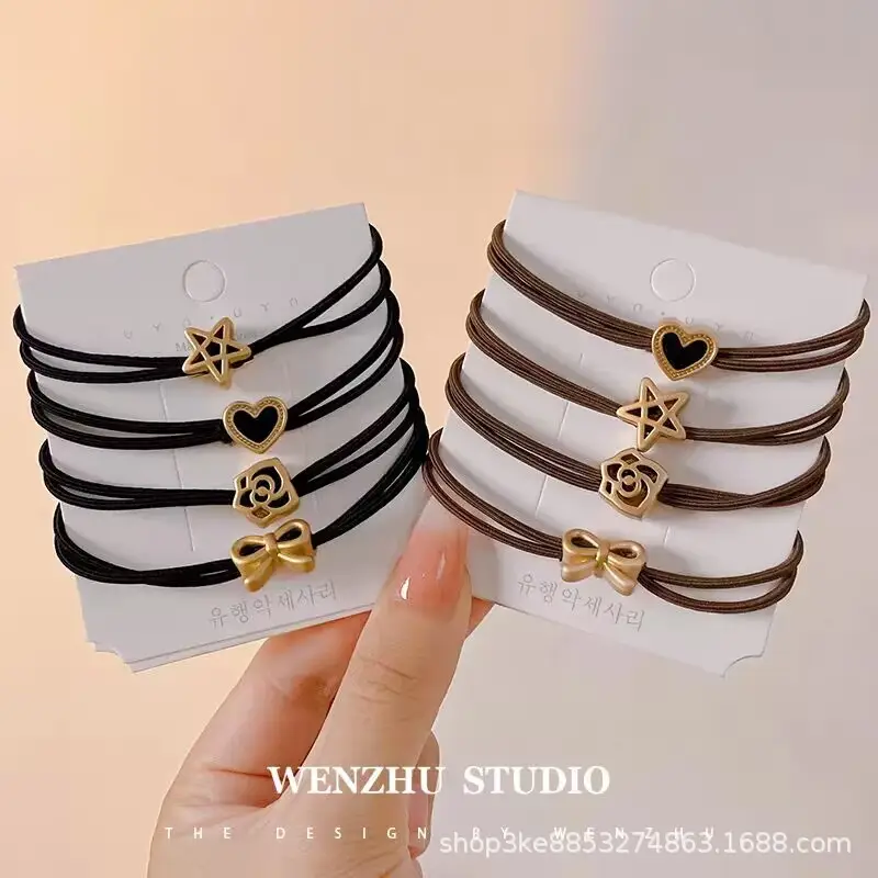 Leather Band Hair Ties for Women Black Brown Gold Heart Bow Crown - Image 9