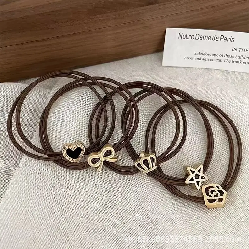 Leather Band Hair Ties for Women Black Brown Gold Heart Bow Crown — feature 10