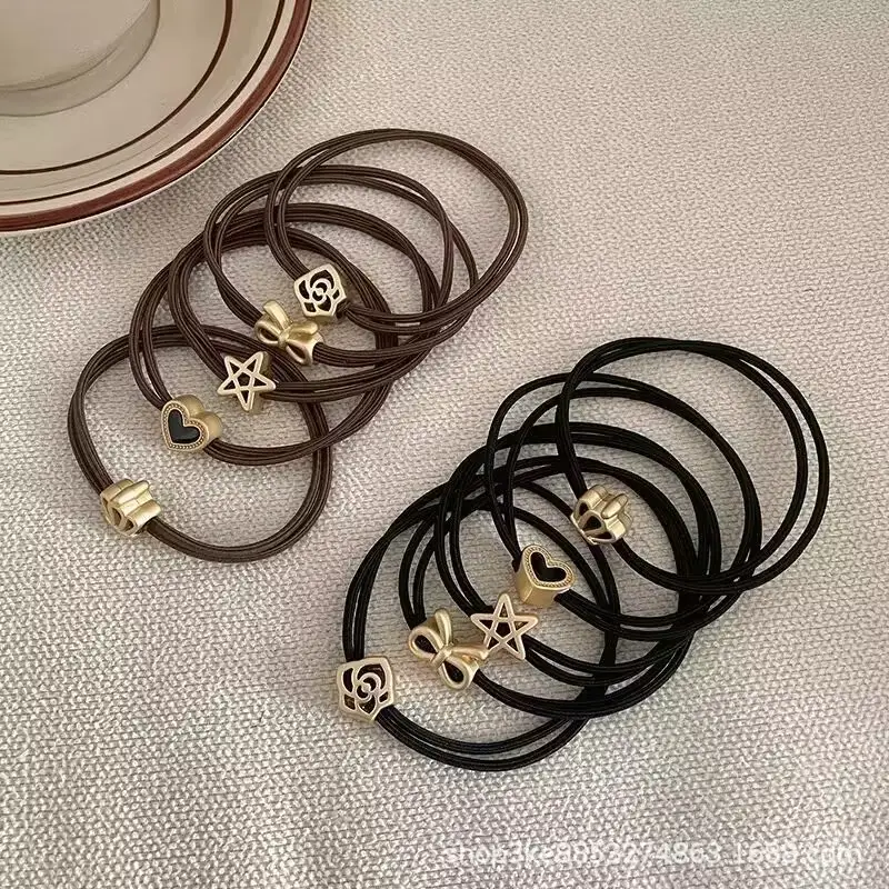 Leather Band Hair Ties for Women Black Brown Gold Heart Bow Crown — feature 8