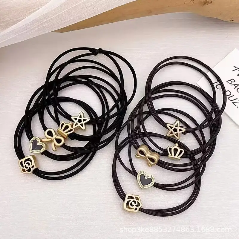 Leather Band Hair Ties for Women Black Brown Gold Heart Bow Crown - Image 2