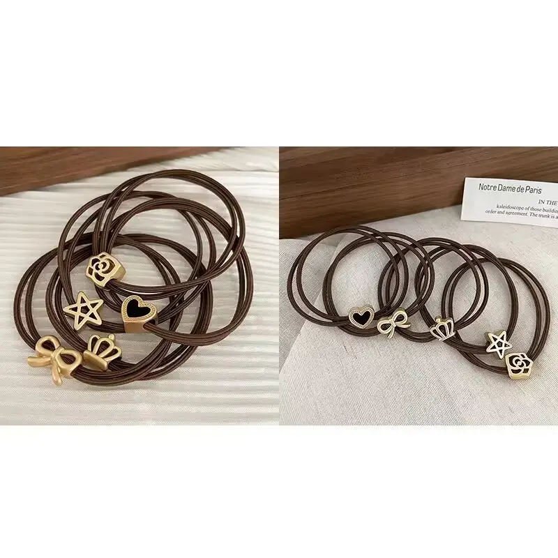 Leather Band Hair Ties for Women Black Brown Gold Heart Bow Crown - Image 3