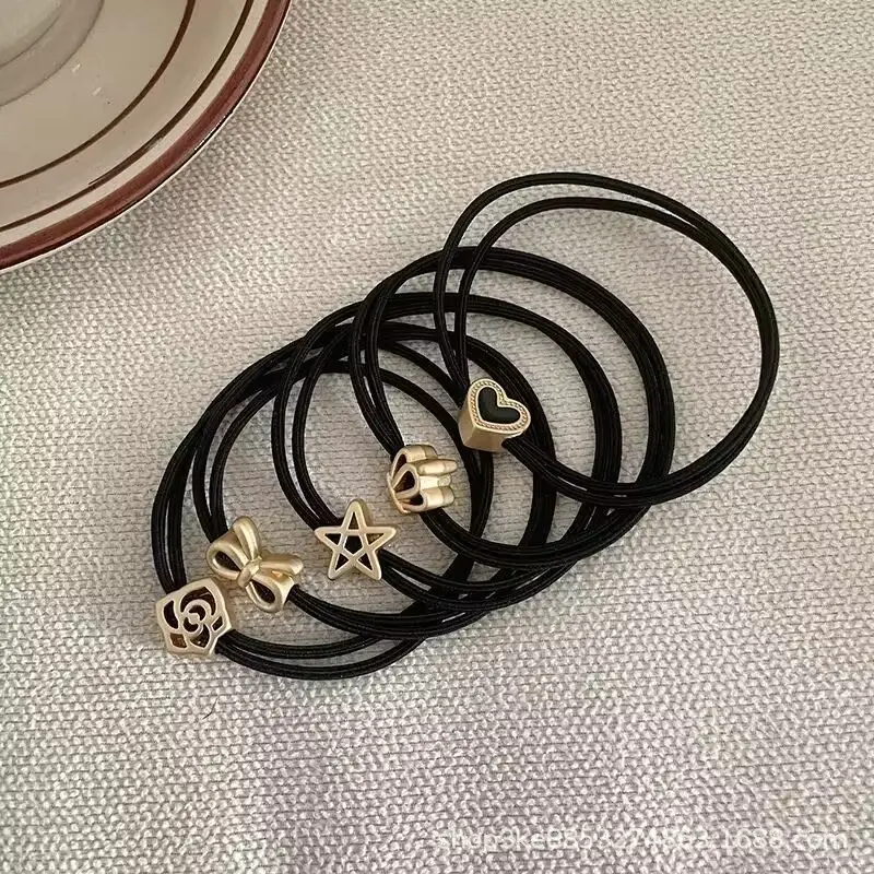 Leather Band Hair Ties for Women Black Brown Gold Heart Bow Crown - Image 4