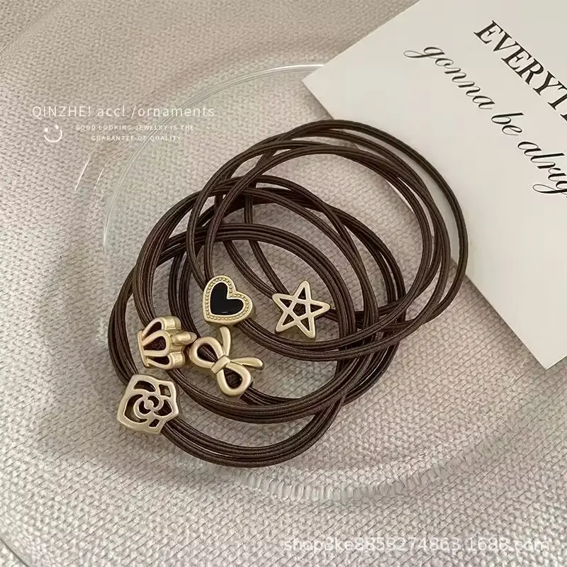 Leather Band Hair Ties for Women Black Brown Gold Heart Bow Crown - Image 5